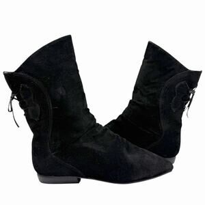 VTG 80s 90s SUEDE BOOTS POINTY TOE BOHO FAIRY ELF WHIMSIGOTH LACE UP BACK 8 1/2